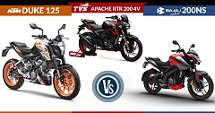KTM 125 Duke ABS vs TVS Apache RTR 200 4V ABS vs Bajaj Pulsar NS 200 ABS: Specs Comparison