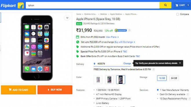 Flipkart Offering Apple iPhone 6 16GB with 13 percent Discount