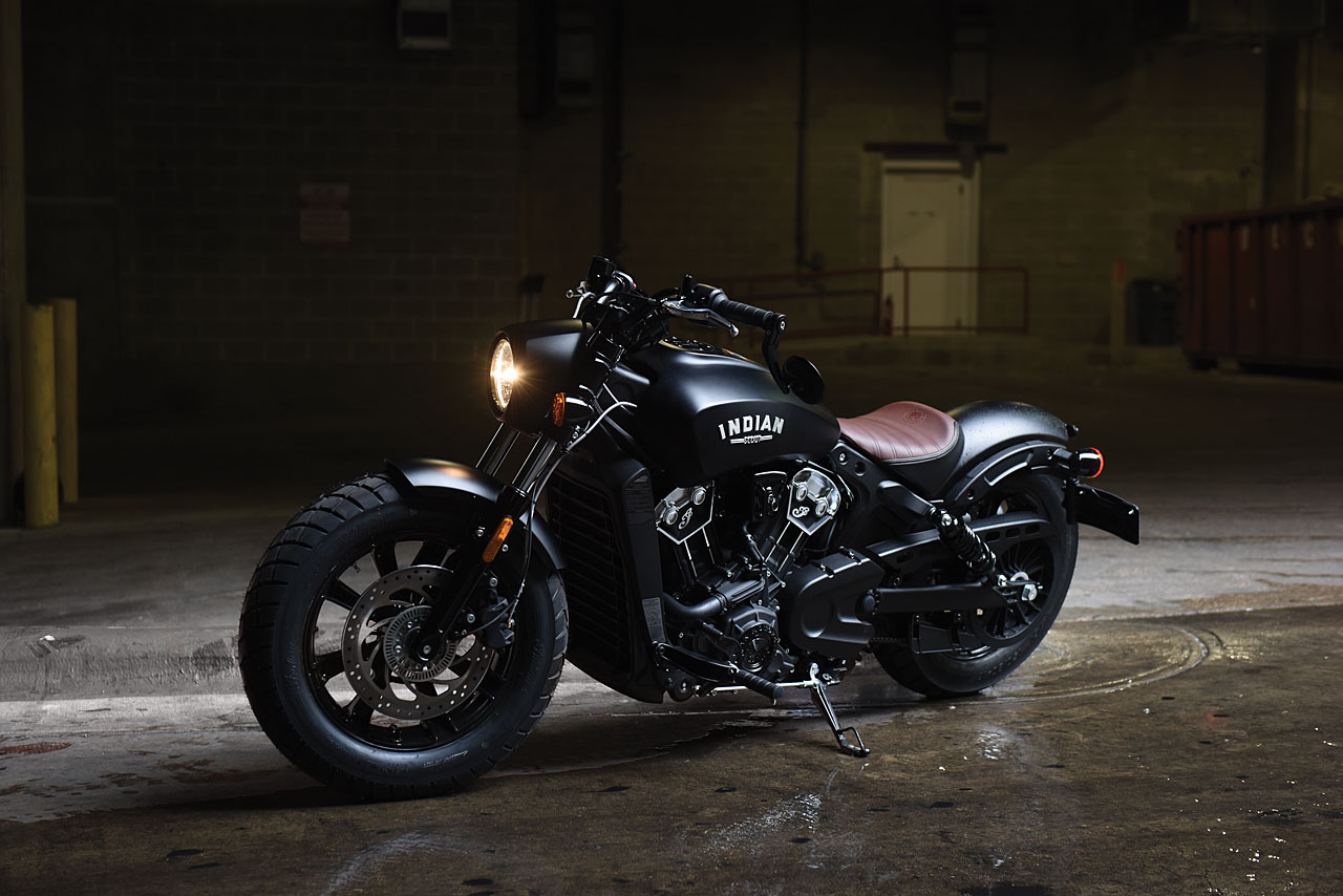 2018 Indian Scout Bobber front three quarter view
