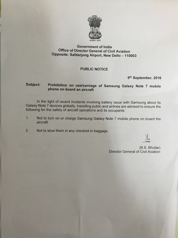 Official Indian government letter regarding Galaxy Note 7
