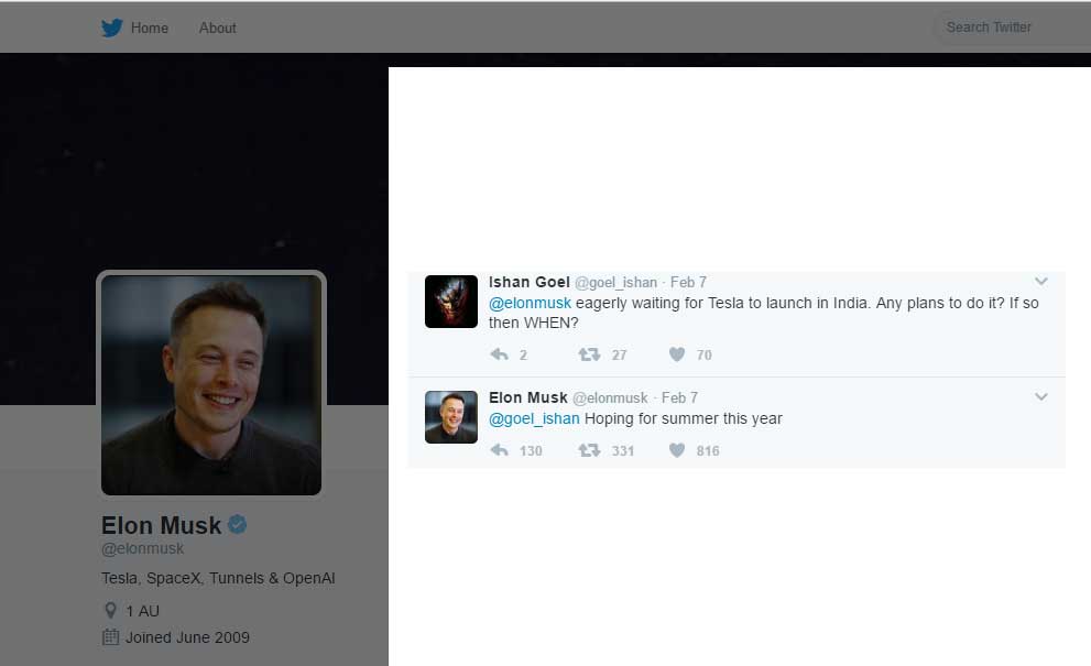 Elon Musk replay on twitter about India launch of Tesla