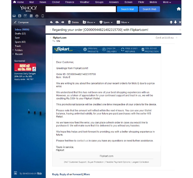 Order cancelation mail by Flipkart