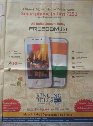 Freedom 251 published in Newspaper