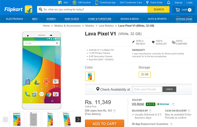 Lava Pixel V1 at Flipkart