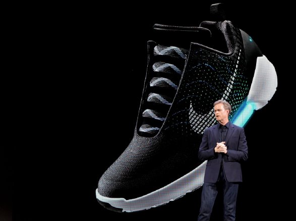 Nike CEO Mark Parker debuting the Nike HyperAdapt 1.0 at the Nike Innovation conference.