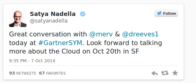 Satya Nadella Tweet for Cloud Event