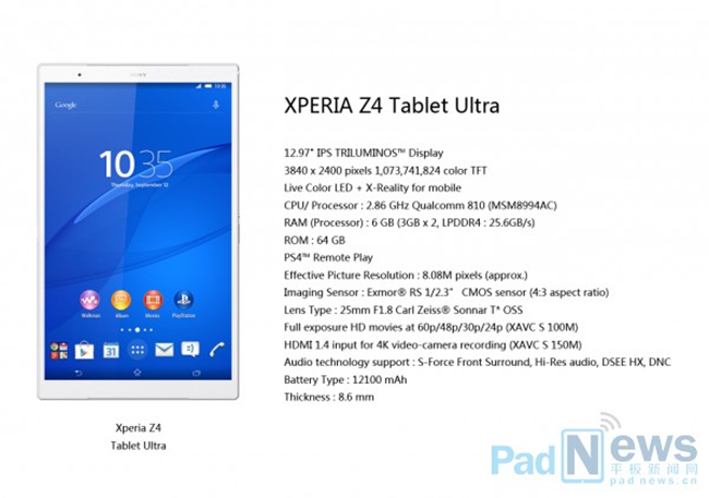 Sony Xperia Z4 Tablet Ultra Specs in Leaks