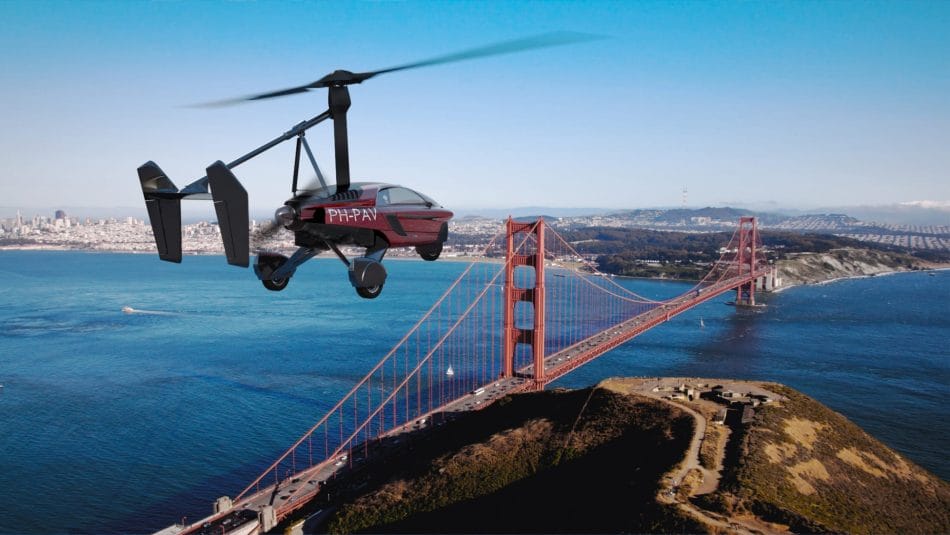 World First Ever Commercial Flying Car PAL-V Liberty Flying Through the Golden Gate Bridge