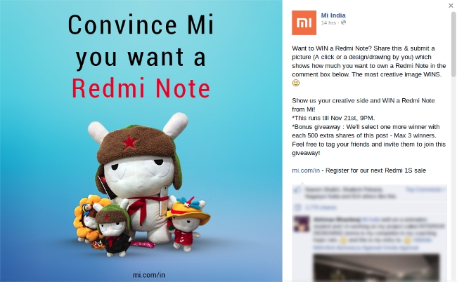 Xiaomi Facebook post for Redmi Note launch contest
