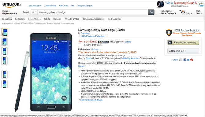 Samsung Galaxy Note Edge on Amazon India