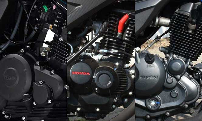 Honda CB Hornet 160R vs Yamaha FZ S V2.0 vs Suzuki Gixxer Engine