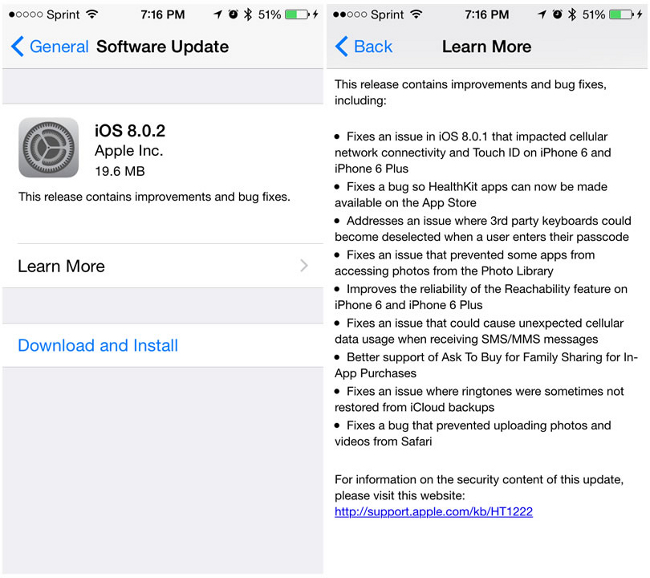 Apple iOS 8.0.2 Update