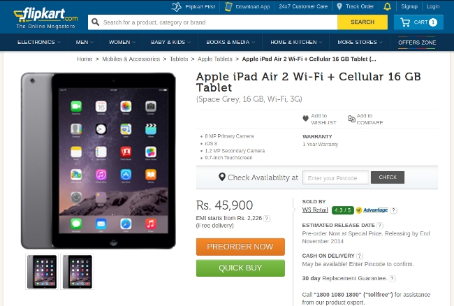 iPad Air 2 Preorder Begun at Flipkart
