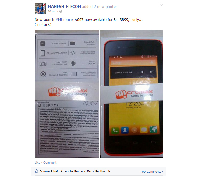 Micromax Bolt A067 at Facebook post