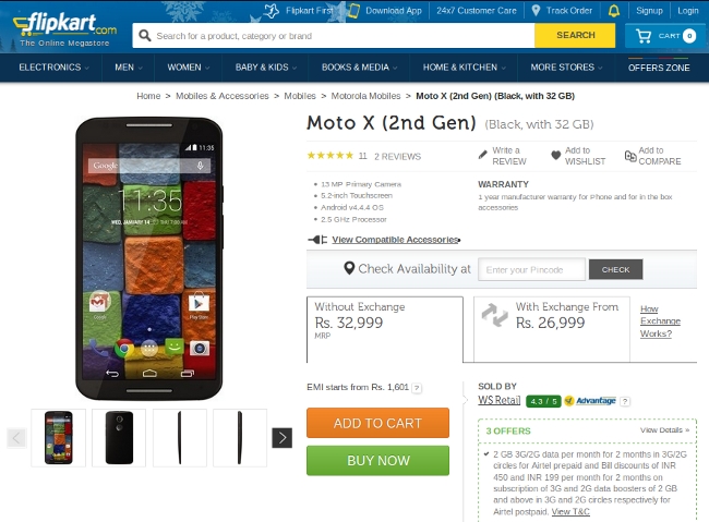 Moto X Gen 2 32GB Model at Flipkart with Price