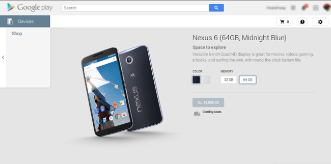 Nexus 6 64GB Price on Google Play Store