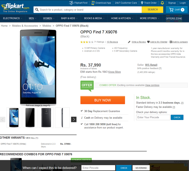 Oppo Find 7 Exclusively at Flipkart