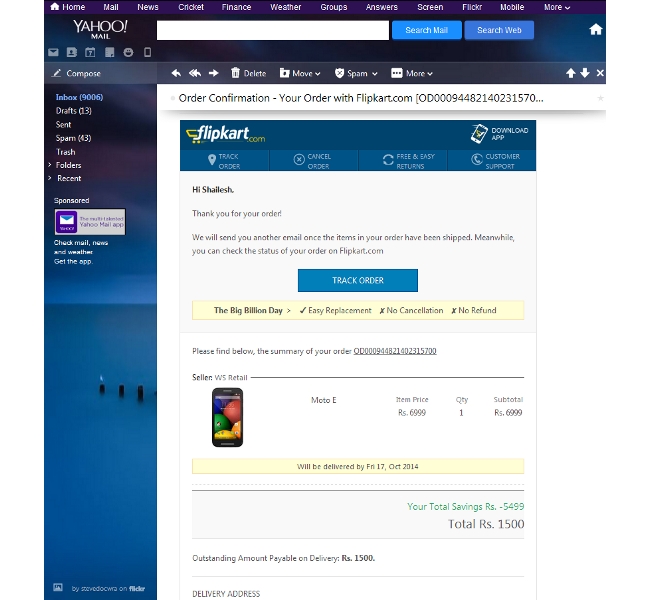 Confirmation mail by Flipkart for Moto E
