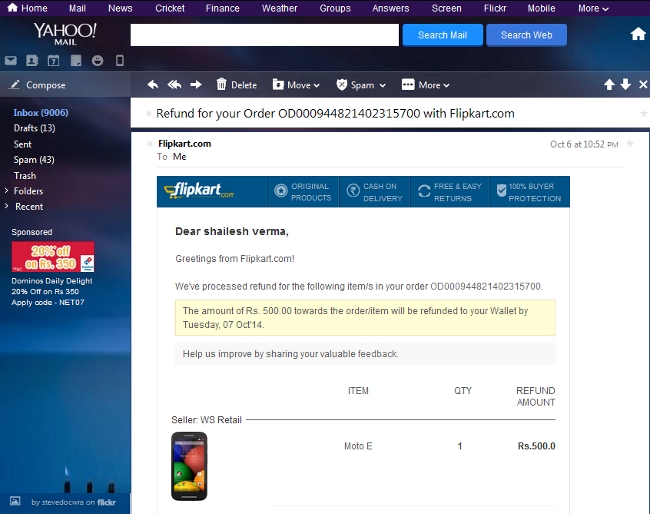 Refund Mail by Flipkart