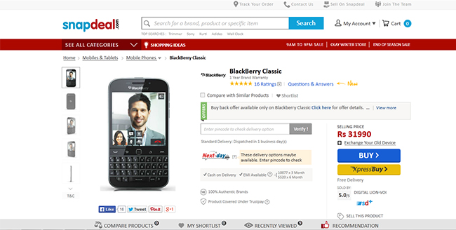 Blackberry Classic at Snapdeal