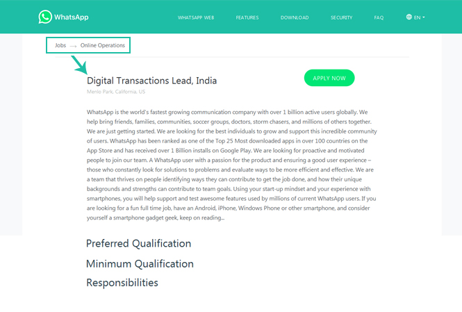 Screenshot of Career page from Official Website Offering Digital Transactions Lead Job