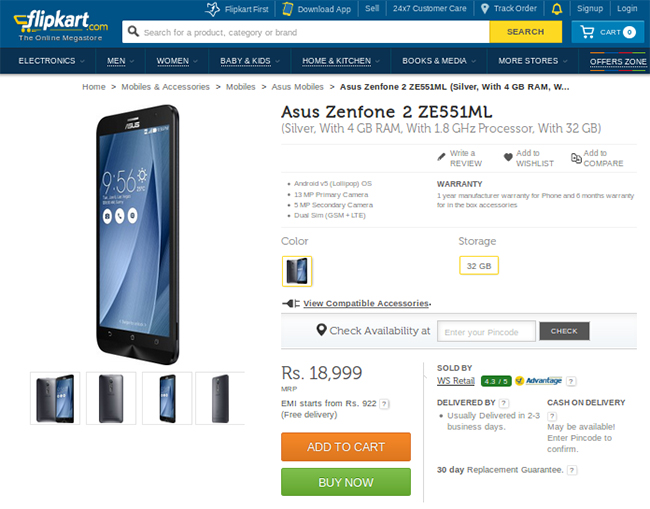 Asus ZenFone 2 model on Flipkart