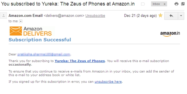Confirmation mail from Amazon for Yureka