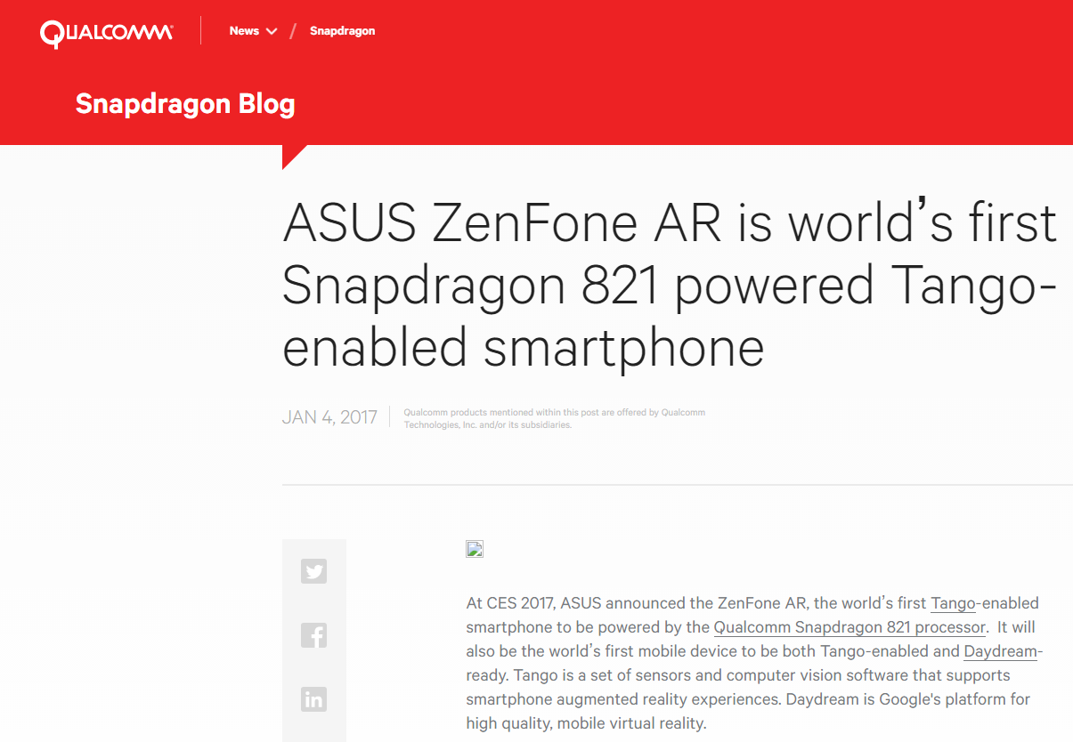 ZenFone AR info at official blog of Qualcomm