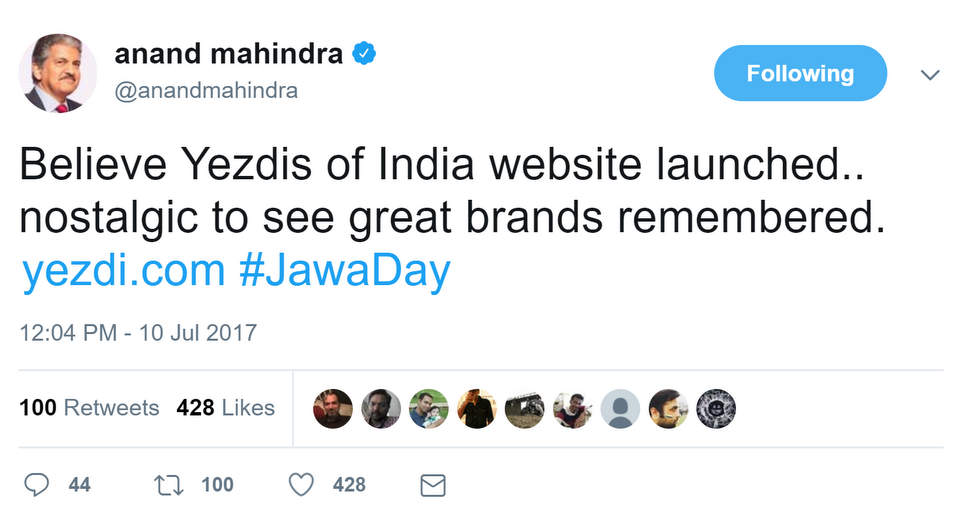 Anand Mahindra officially announced the launch of Yezdi of India website