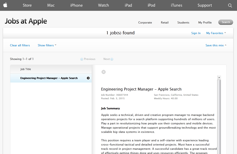 Engineering Project Manager for Apple Search