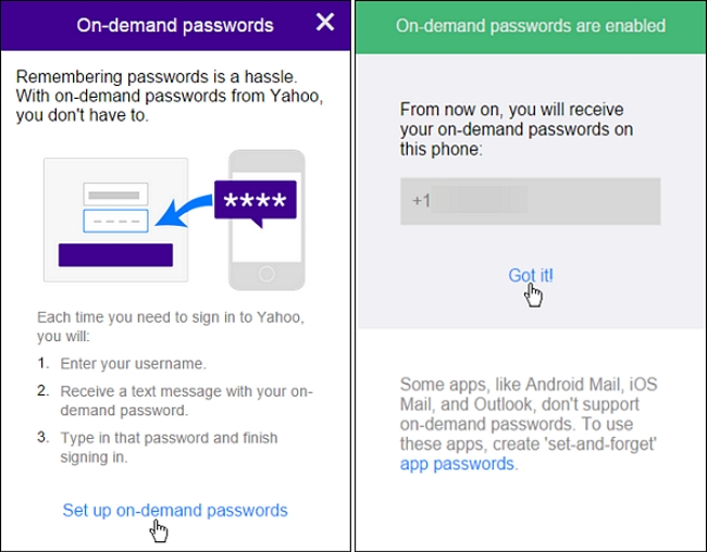 Yahoo On demand password for log in